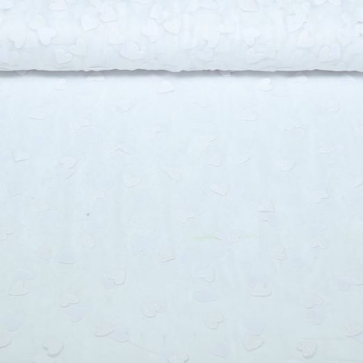 Softtüll - Flockprint Glitzerherzen Weiß