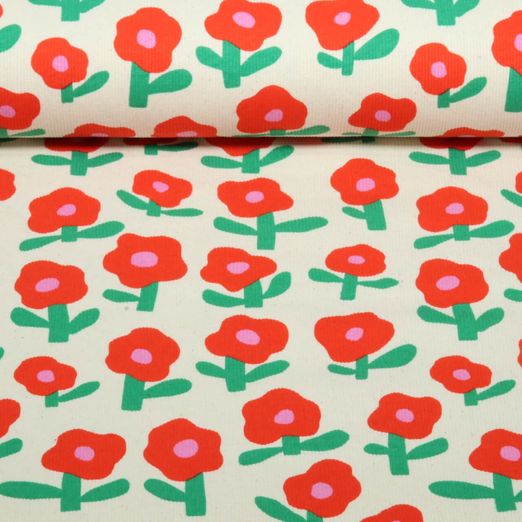 Bio Rippjersey - Blumen Jennifer Bouron Natur Orange Bio Rippjersey - Blumen Jennifer Bouron Natur Orange