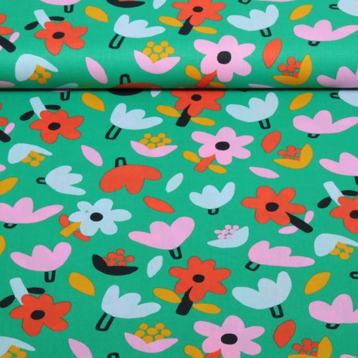 Popeline de coton bio - Fleurs Jennifer Bouron Vert