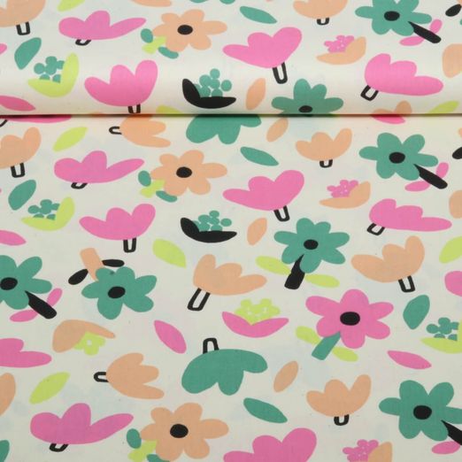 Popeline de coton bio - Fleurs Jennifer Bouron Vert naturel