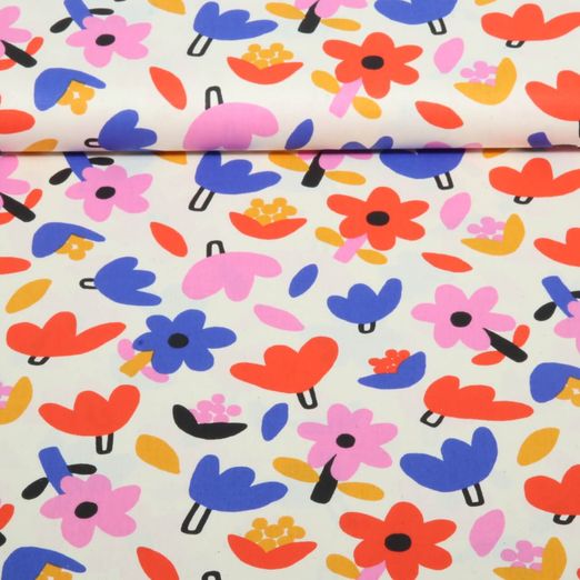 Popeline de coton bio - Fleurs Jennifer Bouron Bleu naturel