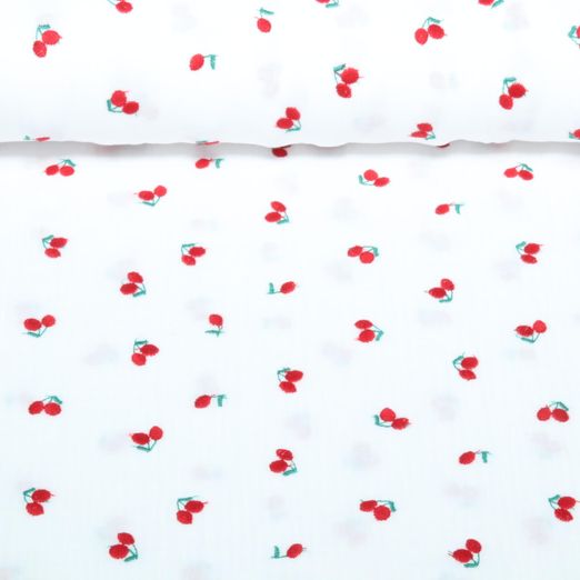 Mousseline de coton - Double gaze Brodé Cerises Blanc Mousseline de coton - Double gaze Brodé Cerises Blanc