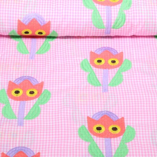 Baumwoll-Webware - Bestickt Karo Tulpen Rosa Baumwoll-Webware - Bestickt Karo Tulpen Rosa