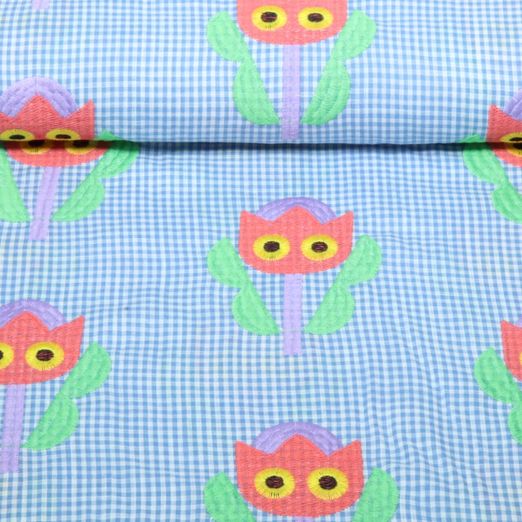 Baumwoll-Webware - Bestickt Karo Tulpen Blau Baumwoll-Webware - Bestickt Karo Tulpen Blau