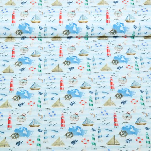 Popeline de coton - Maritim Blanc Bleu Popeline de coton - Maritim Blanc Bleu