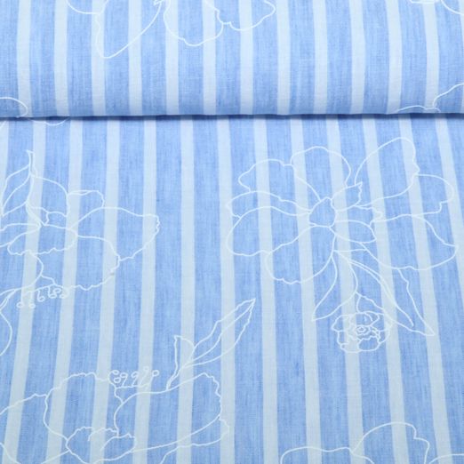 Tissu robes et blouses - fleurs rayures impression caoutchouc bleu