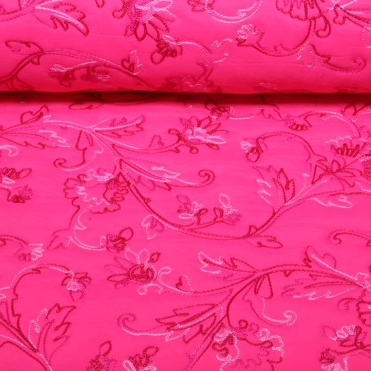 Tissu matelassé pour veste - Fleurs brodées Fuchsia