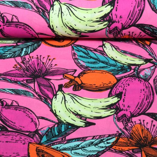 Baumwoll-Viskose - Voile Früchte Blüten Pink Baumwoll-Viskose - Voile Früchte Blüten Pink