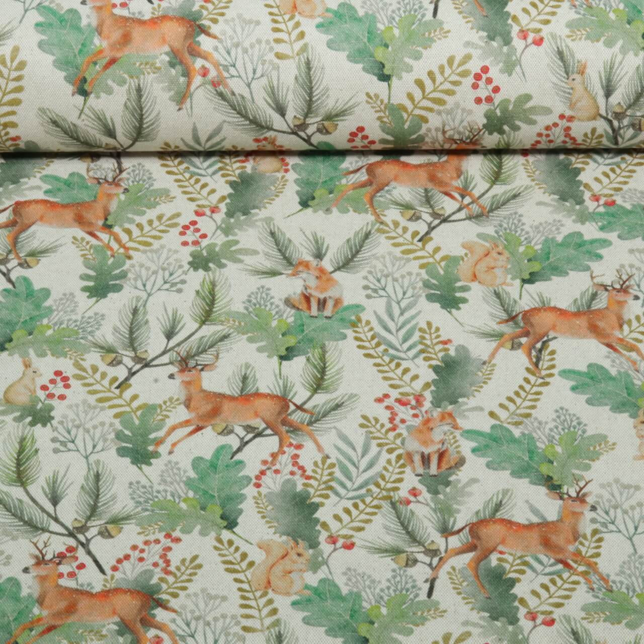 Toile canevas - Effet lin, impression numérique « Animaux de la forêt », Beige-0 Toile canevas - Effet lin, impression numérique « Animaux de la forêt », Beige-0