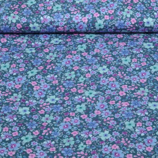 Popeline de coton - Impression numérique « Petites fleurs » Bleu pétrole