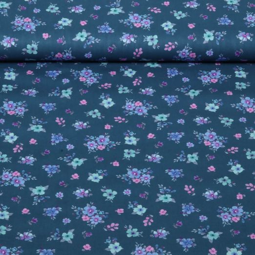 Popeline de coton - Impression numérique « Petits bouquets de fleurs » Bleu pétrole