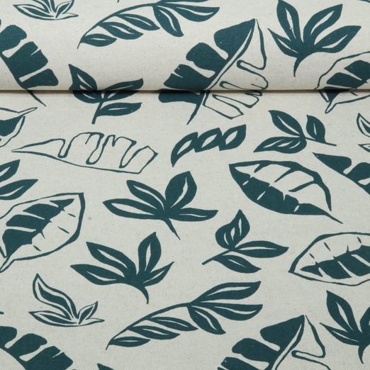 Toile canevas - Motif lin, feuilles, Beige et Bleu pétrole Toile canevas - Motif lin, feuilles, Beige et Bleu pétrole