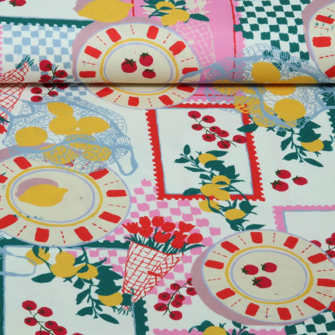 Toile canevas en coton - Motifs d'impression numérique de légumes et de fruits, couleur Ecru-0 Toile canevas en coton - Motifs d'impression numérique de légumes et de fruits, couleur Ecru-0