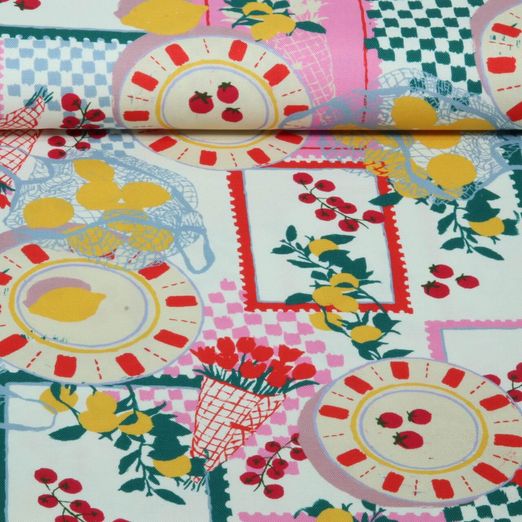 Toile canevas en coton - Motifs d'impression numérique de légumes et de fruits, couleur Ecru Toile canevas en coton - Motifs d'impression numérique de légumes et de fruits, couleur Ecru