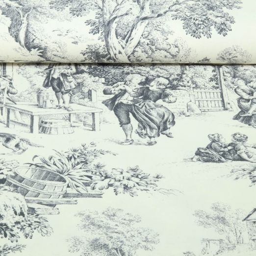 Baumwoll-Canvas - Dorfleben Toile-de-Jouy Beige Grau Baumwoll-Canvas - Dorfleben Toile-de-Jouy Beige Grau
