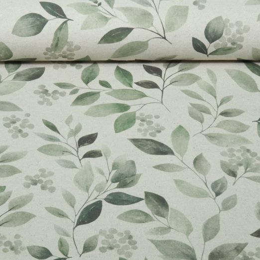 Toile canevas - Aspect lin, motifs de feuilles, Beige