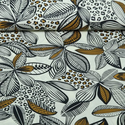 Coton enduit - Feuilles Ecru Coton enduit - Feuilles Ecru