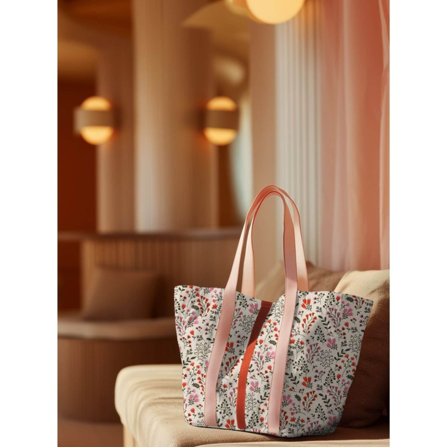 Beschichteter Canvas - Leinenoptik Blumen Beige Rosa-1 Beschichteter Canvas - Leinenoptik Blumen Beige Rosa-1