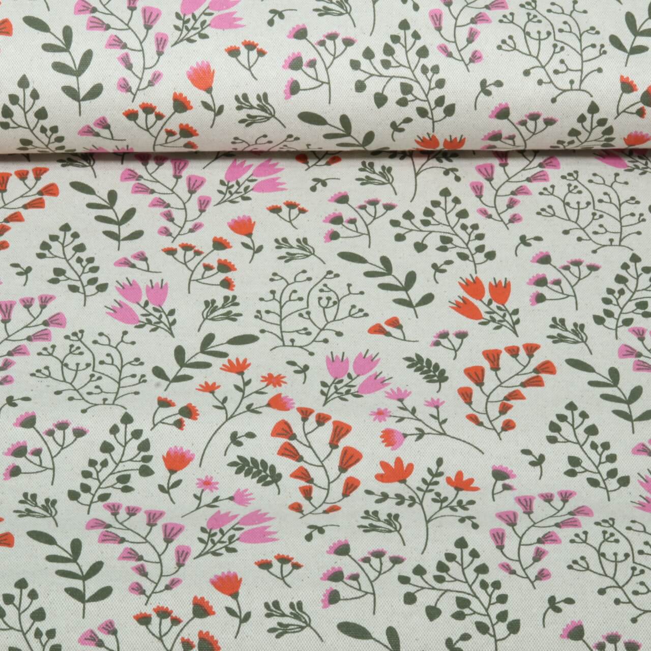 Beschichteter Canvas - Leinenoptik Blumen Beige Rosa-0 Beschichteter Canvas - Leinenoptik Blumen Beige Rosa-0