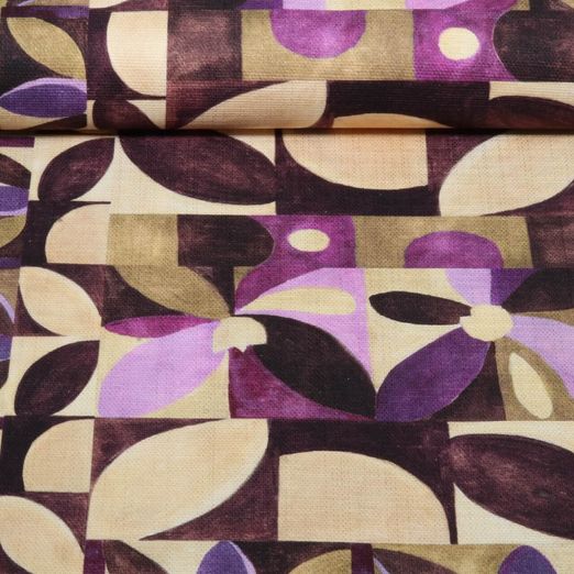 Toile canevas en coton - Motifs floraux d'impression numérique « Slub » violet et Beige