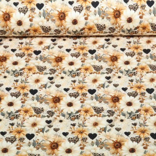 Jersey - Motifs floraux d’impression numérique, petits cœurs léopard, Beige