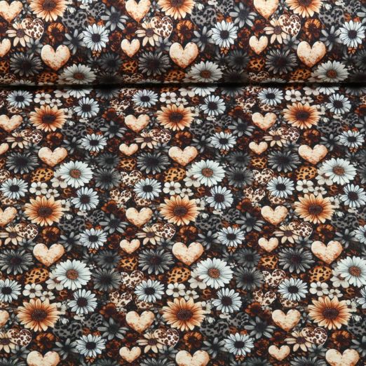 Jersey - Impression numérique « Petits cœurs et fleurs » Noir