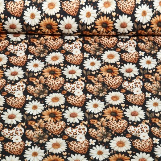 Jersey - Motifs d'impression numérique : cœurs léopard et fleurs, Noir