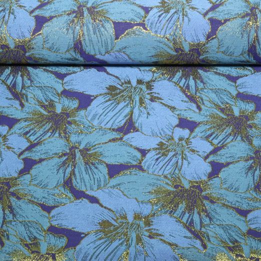 Tissu mode - Jacquard à fleurs, Bleu et Bleu clair, pailleté