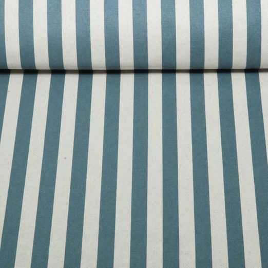 Toile canevas enduite - aspect lin, rayures beiges et bleues Toile canevas enduite - aspect lin, rayures beiges et bleues
