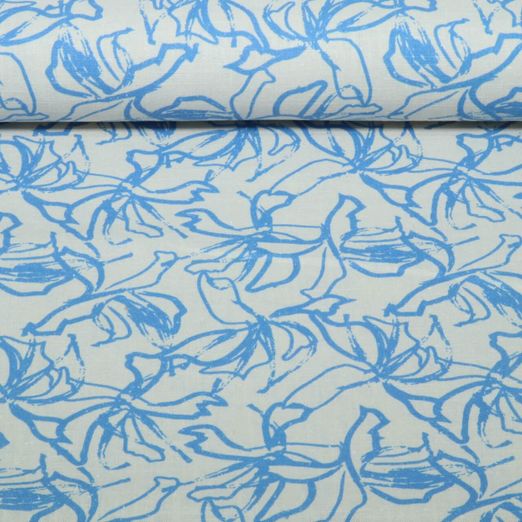 Ramie - Motifs floraux en impression numérique, abstraits, gris et Bleu Ramie - Motifs floraux en impression numérique, abstraits, gris et Bleu