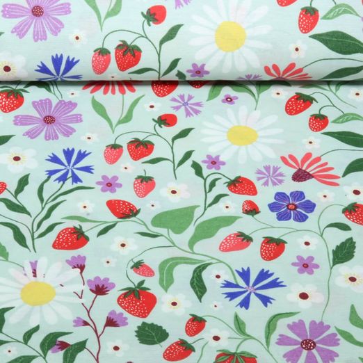 Toile canevas enduite - Fleurs et fraises, vert menthe multicolore Toile canevas enduite - Fleurs et fraises, vert menthe multicolore
