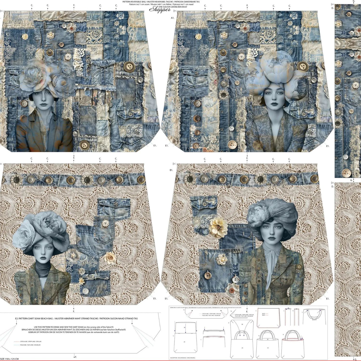 Canvas Taschen Panel - Digital Wendetasche Lace Jeans Multicolor-1 Canvas Taschen Panel - Digital Wendetasche Lace Jeans Multicolor-1