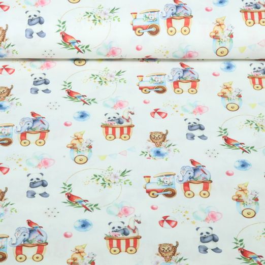 Popeline de coton - Cirque : bébés animaux, Blanc et Multicolore Popeline de coton - Cirque : bébés animaux, Blanc et Multicolore