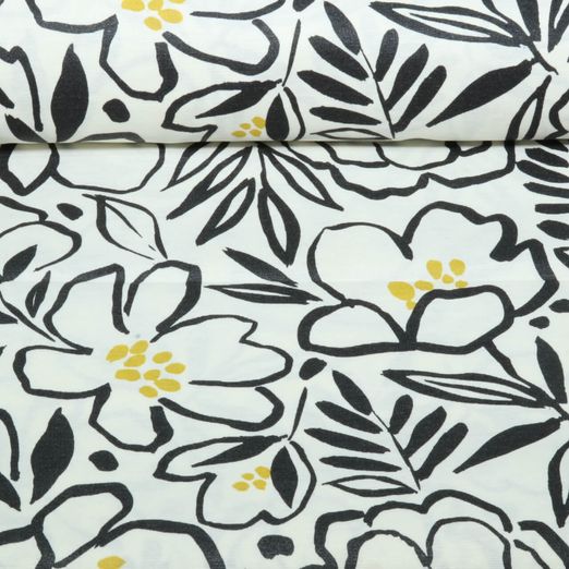 Toile canevas enduite - Feuilles et fleurs, Ecru et Noir Toile canevas enduite - Feuilles et fleurs, Ecru et Noir
