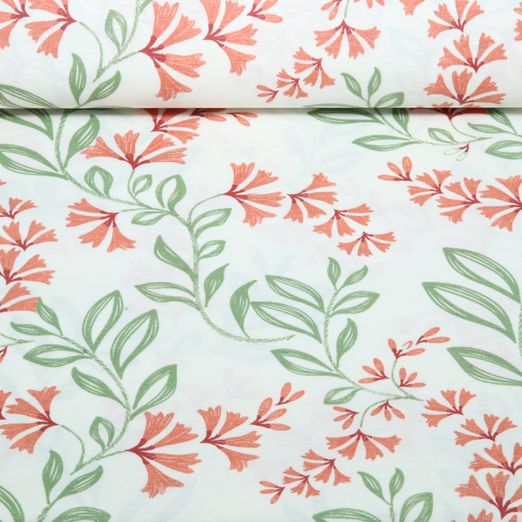 Toile canevas enduite - Fleurs et brindilles, Ecru et Terracotta Toile canevas enduite - Fleurs et brindilles, Ecru et Terracotta