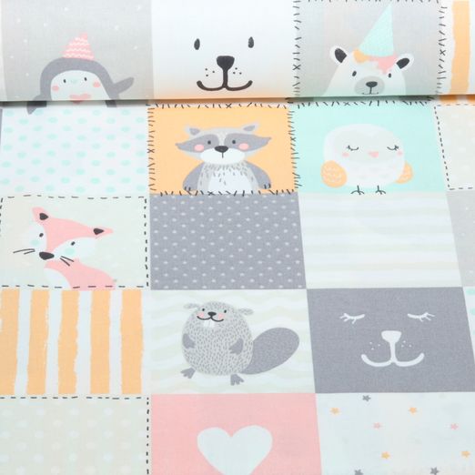 Popeline de coton - Patchwork d'animaux multicolores aux tons pastel