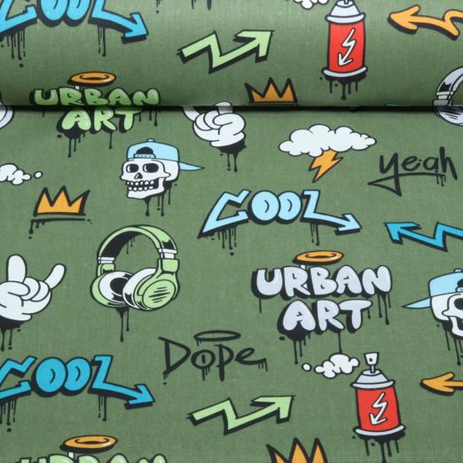 Popeline de coton - Graffiti Kaki