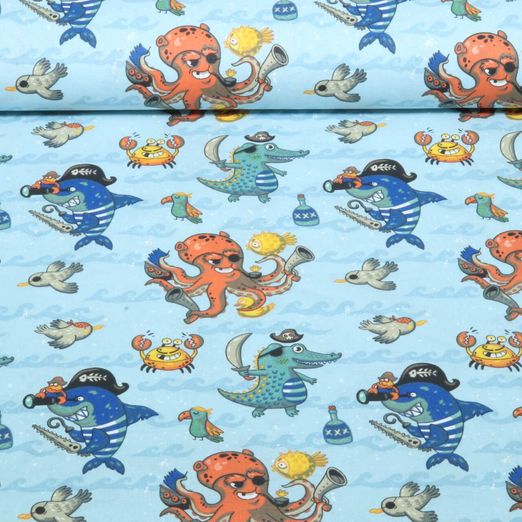 Popeline de coton - Animaux pirates Bleu clair