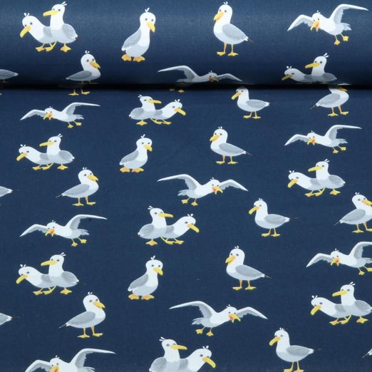 Popeline de coton - Mouettes bleu marine