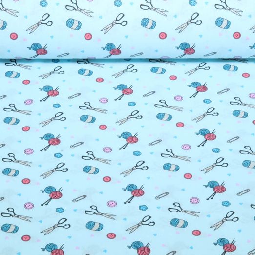 Popeline de coton - Pelotes de laine, ciseaux, turquoise clair