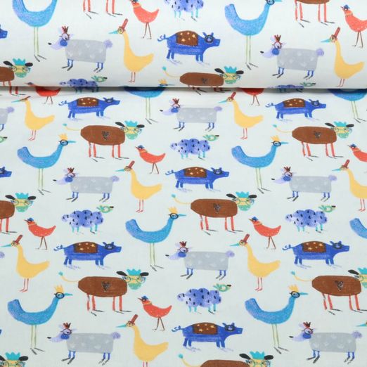 Popeline de coton - Animaux et lunettes, Ecru