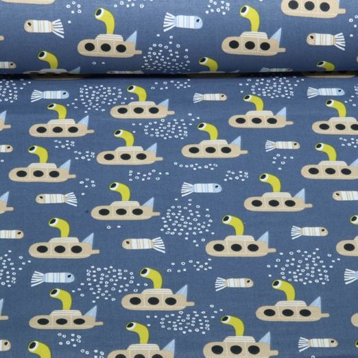 Popeline de coton - Sous-marins, Bleu jeans foncé