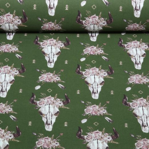 Popeline de coton - Crâne de buffle, style bohème, Vert foncé