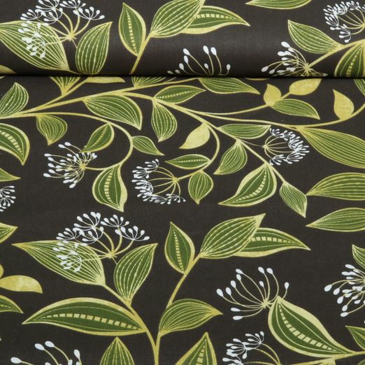Coton - Branches fleuries, Marron foncé Coton - Branches fleuries, Marron foncé