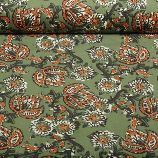 Velours côtelé Babycord / milleraies de guirlandes de fleurs, vert olive