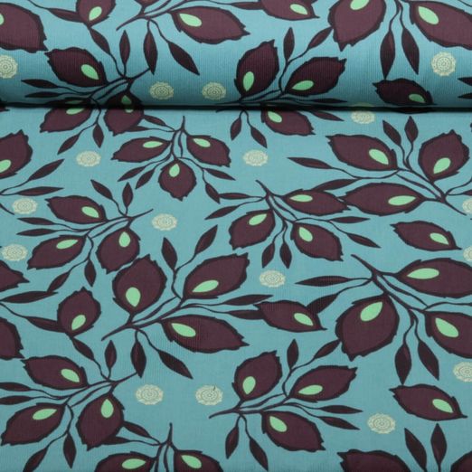 Velours côtelé Babycord / milleraies : motifs d'impression numérique de branches feuillues, vert turquoise Velours côtelé Babycord / milleraies : motifs d'impression numérique de branches feuillues, vert turquoise