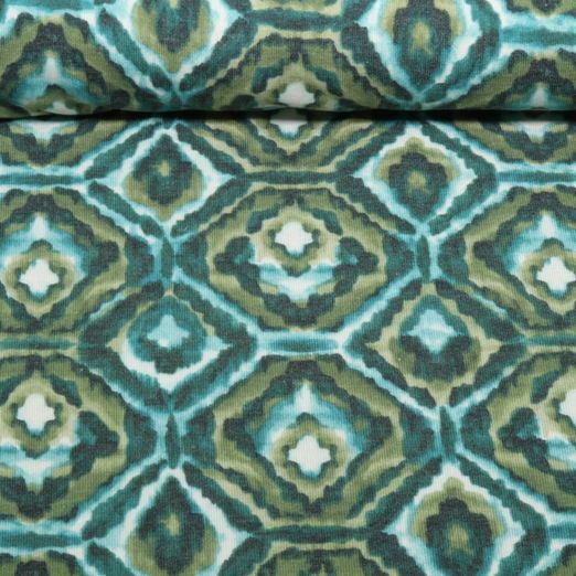 Jersey viscose - Décors ethniques vert olive Jersey viscose - Décors ethniques vert olive