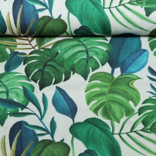 Tissu d'extérieur - Impression numérique « Feuilles tropicales », Ecru, déperlant Tissu d'extérieur - Impression numérique « Feuilles tropicales », Ecru, déperlant