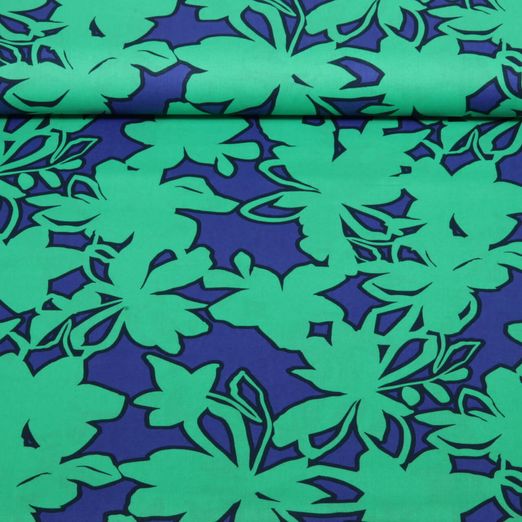 Popeline de coton - Motifs floraux abstraits, Bleu roi et Vert Popeline de coton - Motifs floraux abstraits, Bleu roi et Vert