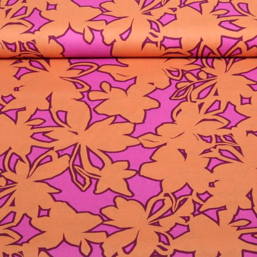 Popeline de coton - Motifs floraux abstraits rose vif-orange